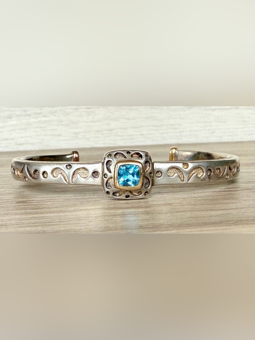 Designer Hallmarked Sterling Silver & 18K Gold Blue Topaz Cuff Bracelet, 28.9g